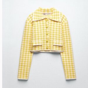 Zara cropped yellow and white checkered jacket